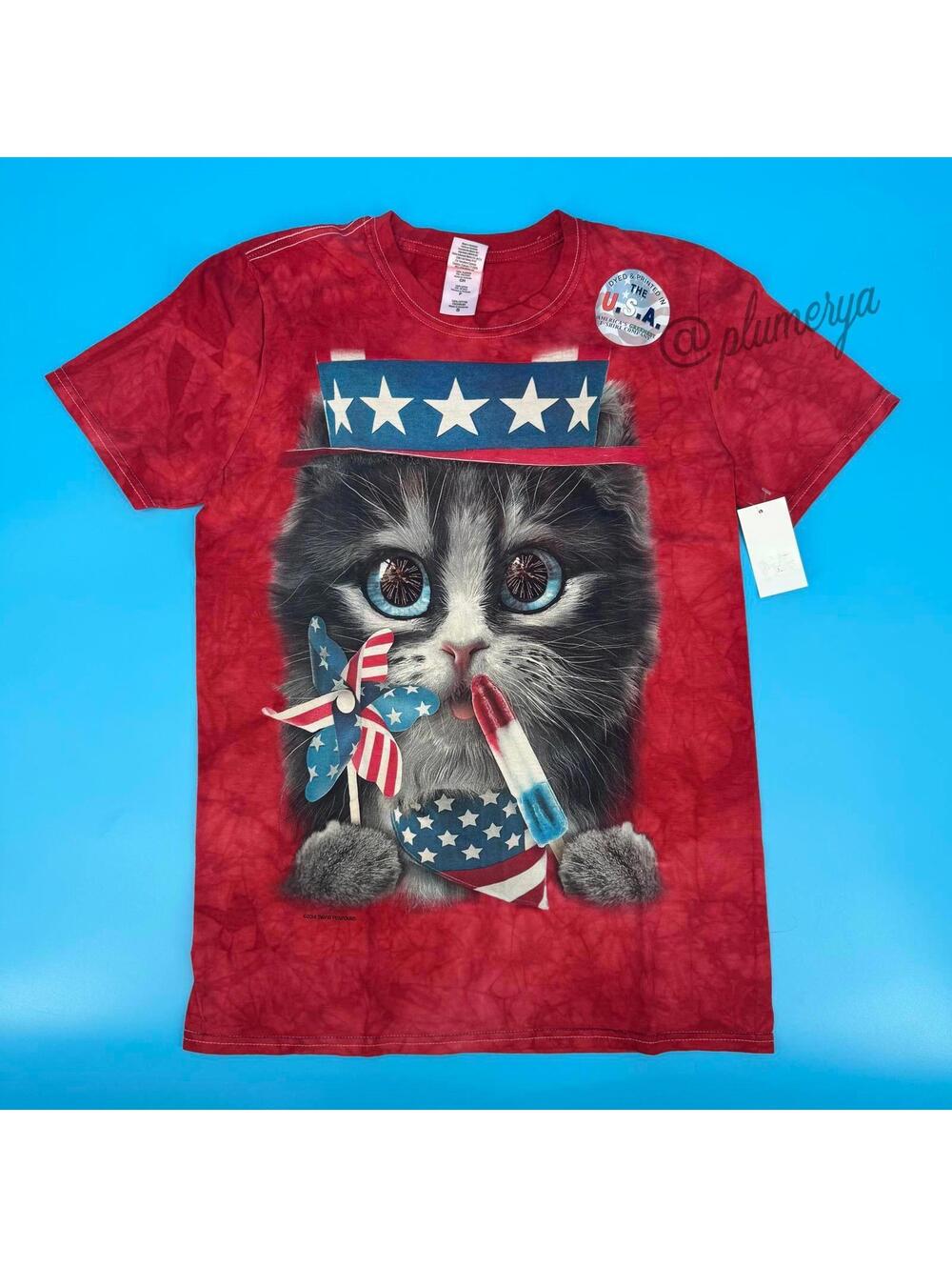 Men's Fourth of July Cat Lady American Kitten Holiday T-Shirt Size S NWT